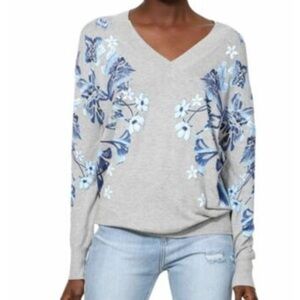 Desigual Louth L floral butterfly sequin light Gray and Blue Fl V-Neck Sweater